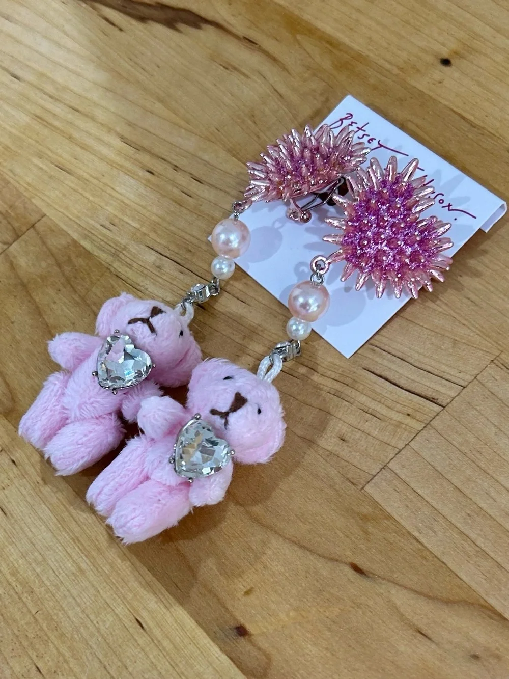 Betsey Johnson Spikey Heart Plush Teddy Bear Drop Earrings